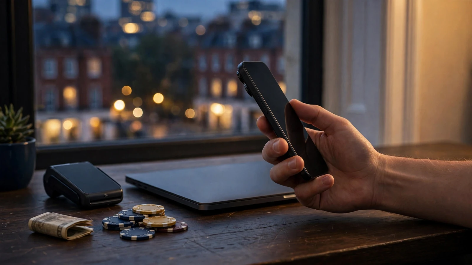 Player checking secure mobile payment options at a desk