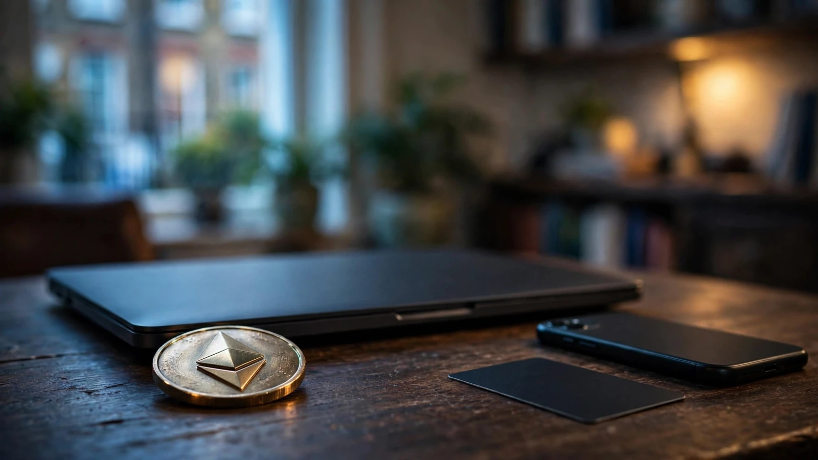Ethereum coin and payment devices on a UK casino-themed desk