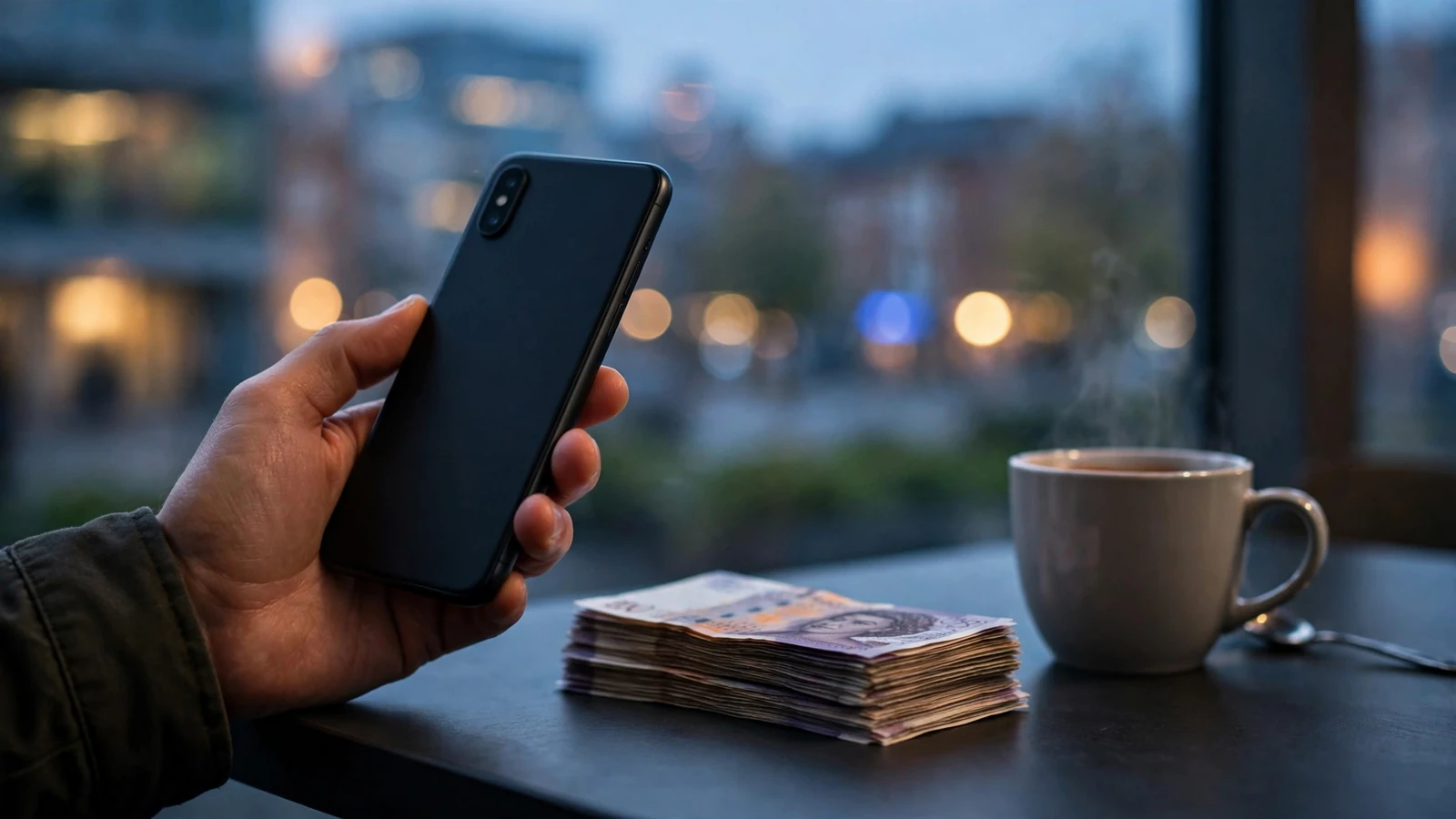 Hand holding a smartphone with British pounds on a table, city dusk backdrop.