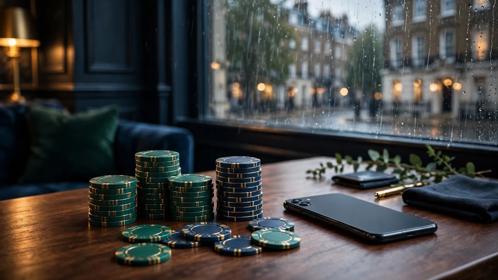 Smartphone and casino chips in an elegant UK lounge setting