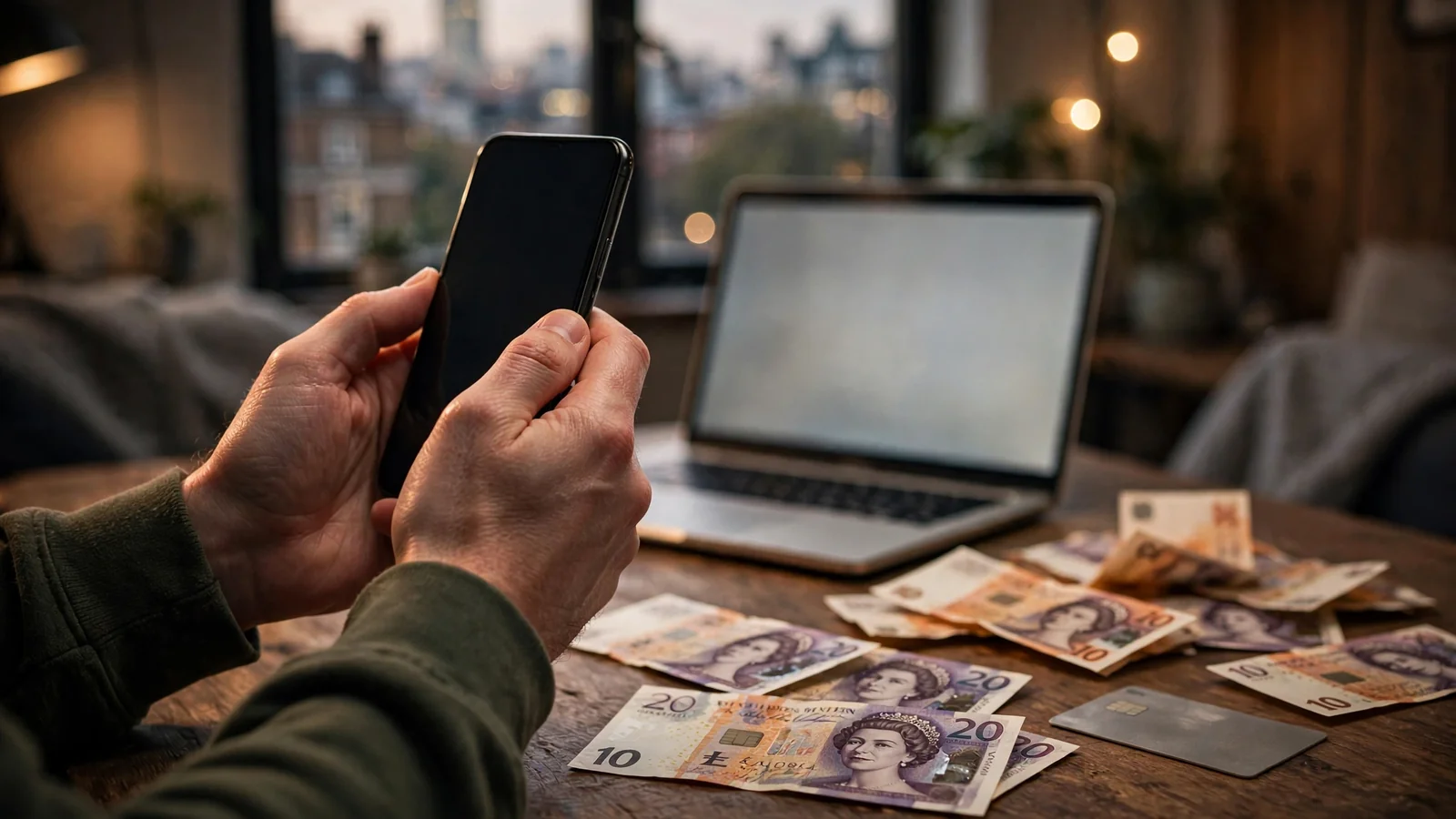 Hands holding a turned-away smartphone near pound notes on a desk, UK casino payment concept