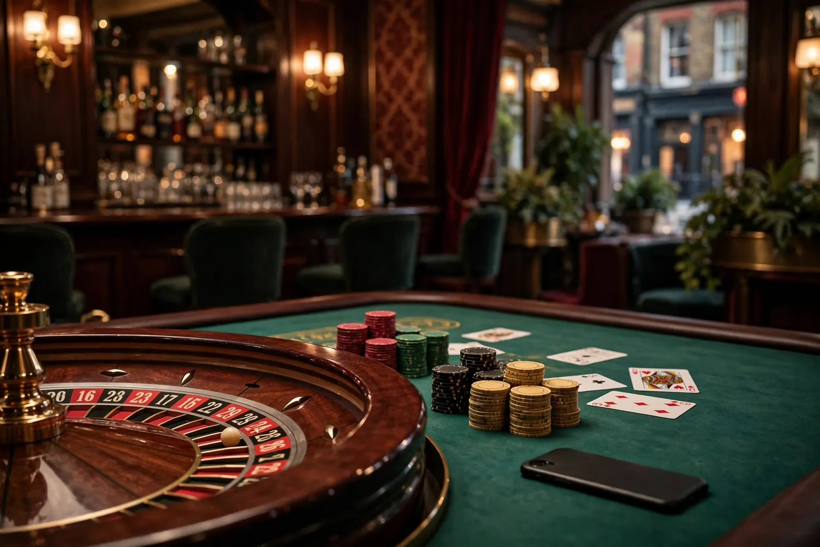 Elegant casino interior with roulette table, chips, and face-down smartphone