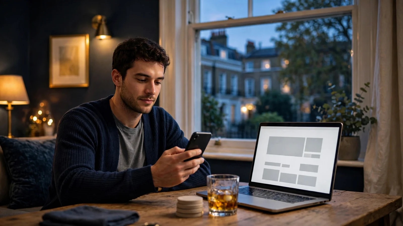 Person at a London desk using a smartphone near poker chips and whisky
