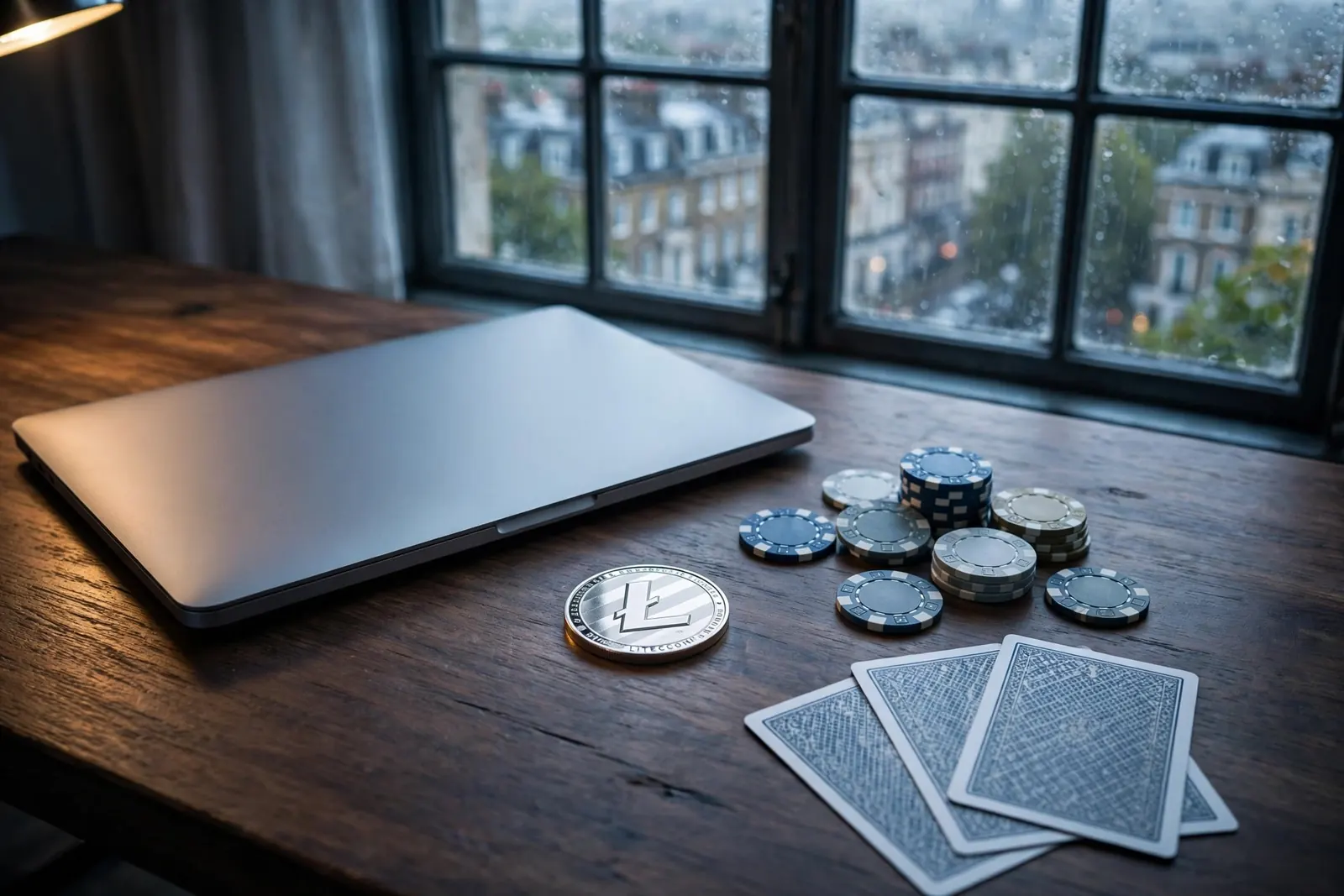Closed laptop, Litecoin coin, casino tokens and cards in a British setting