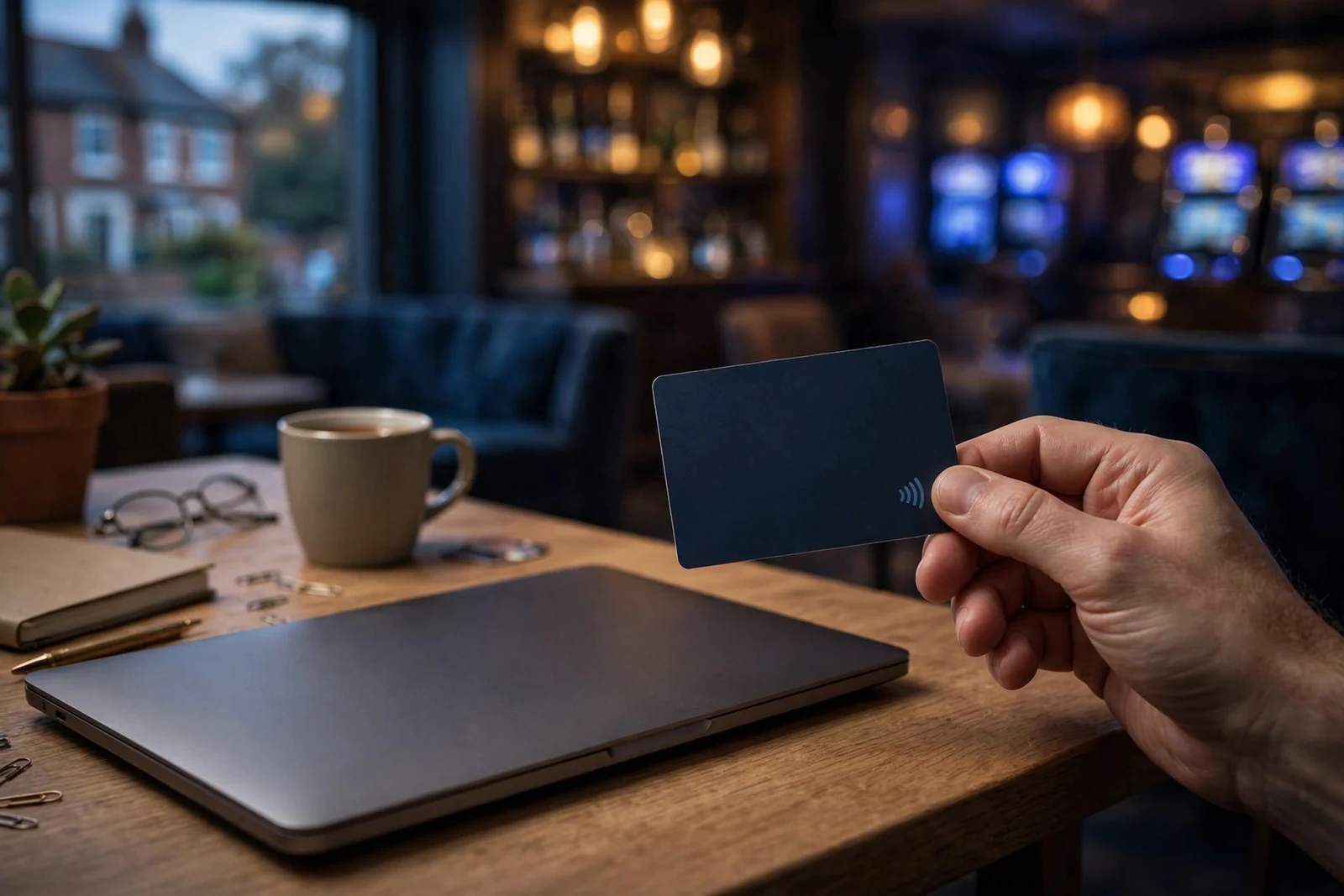 UK player holding a debit card beside a closed laptop