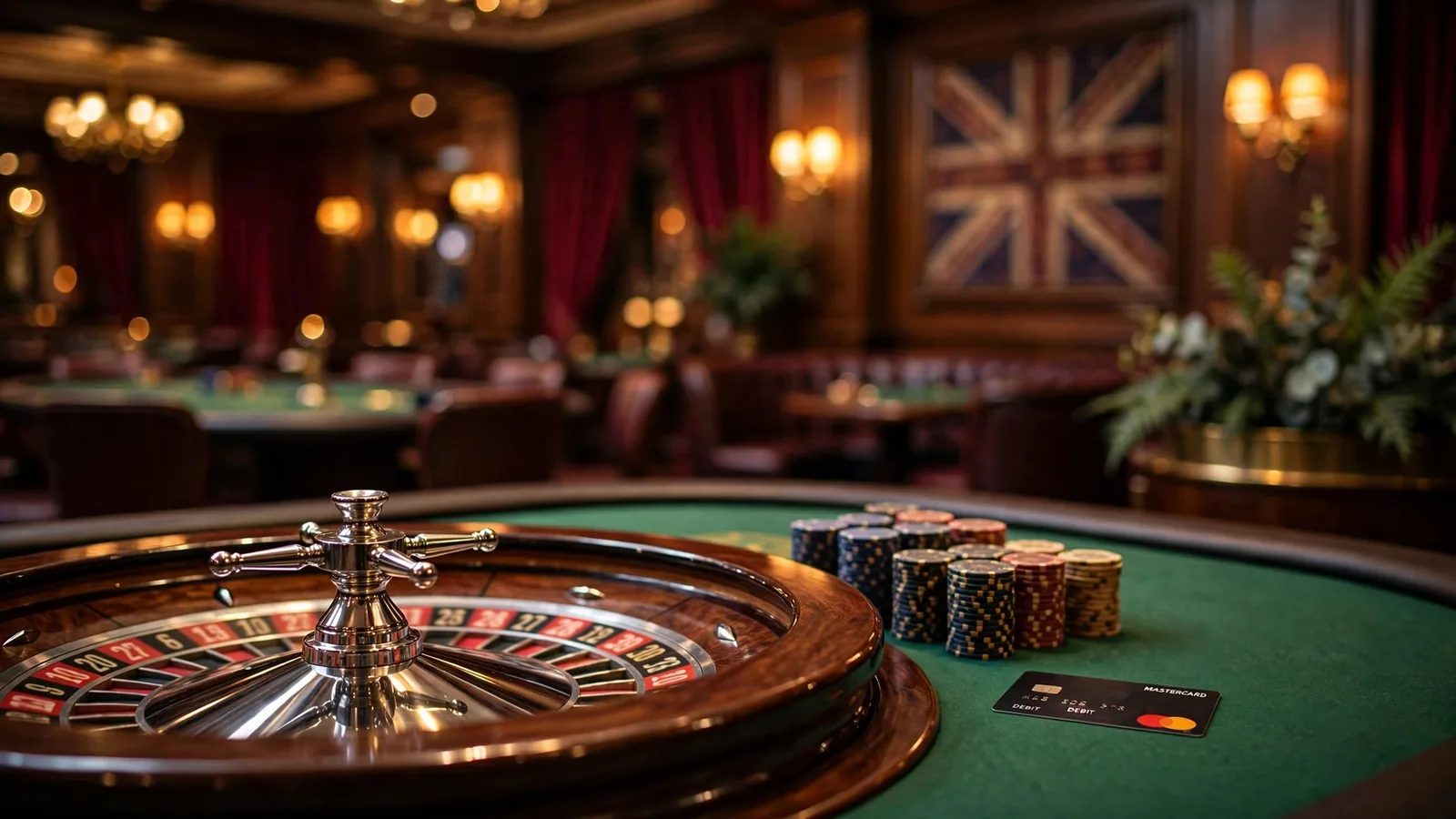 British casino table with roulette wheel, chips and a Mastercard debit card