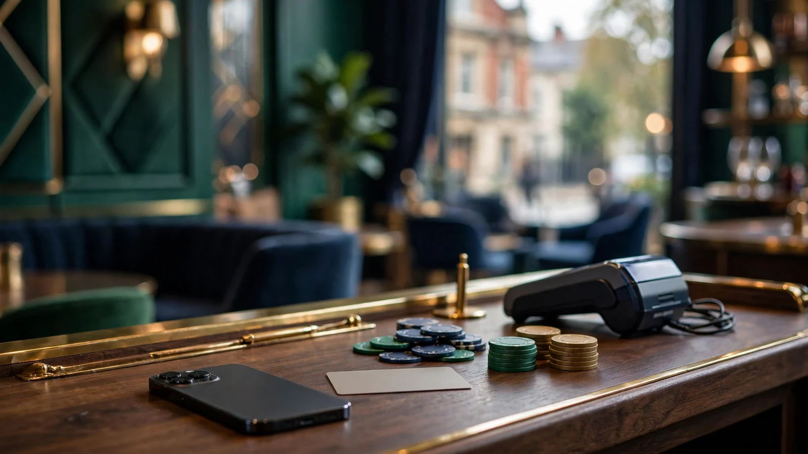 Unbranded mobile payment setup on a premium British casino counter