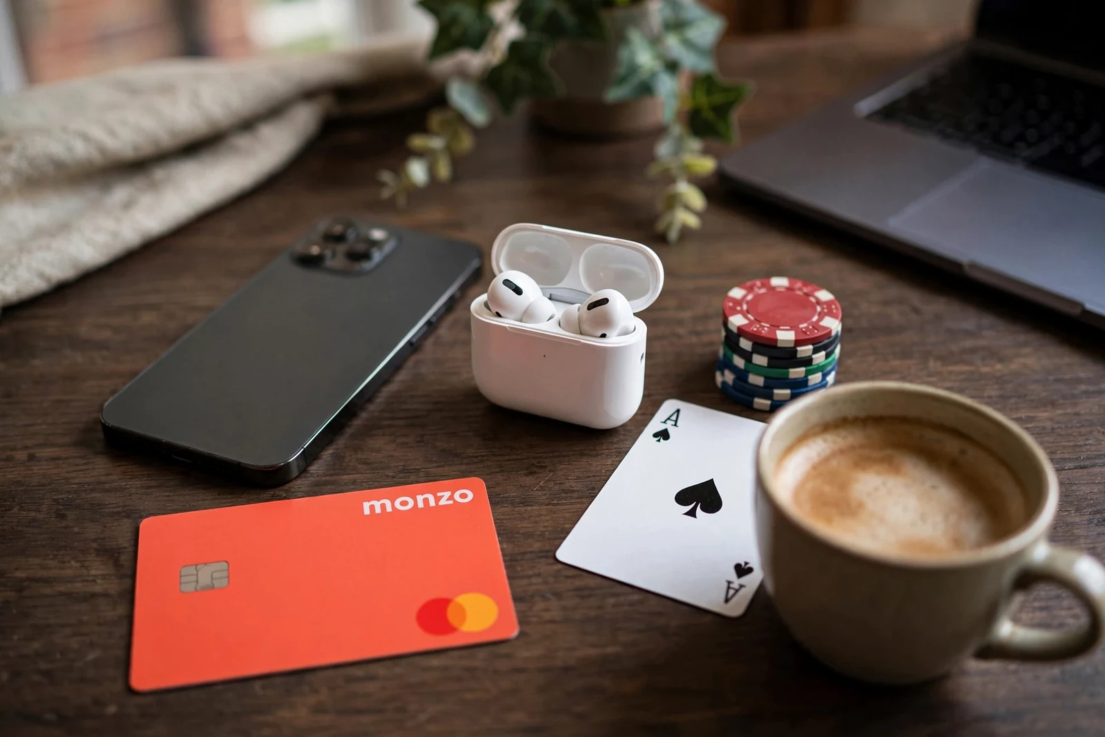 Monzo bank card with poker chips and a face-down smartphone on a wooden table.