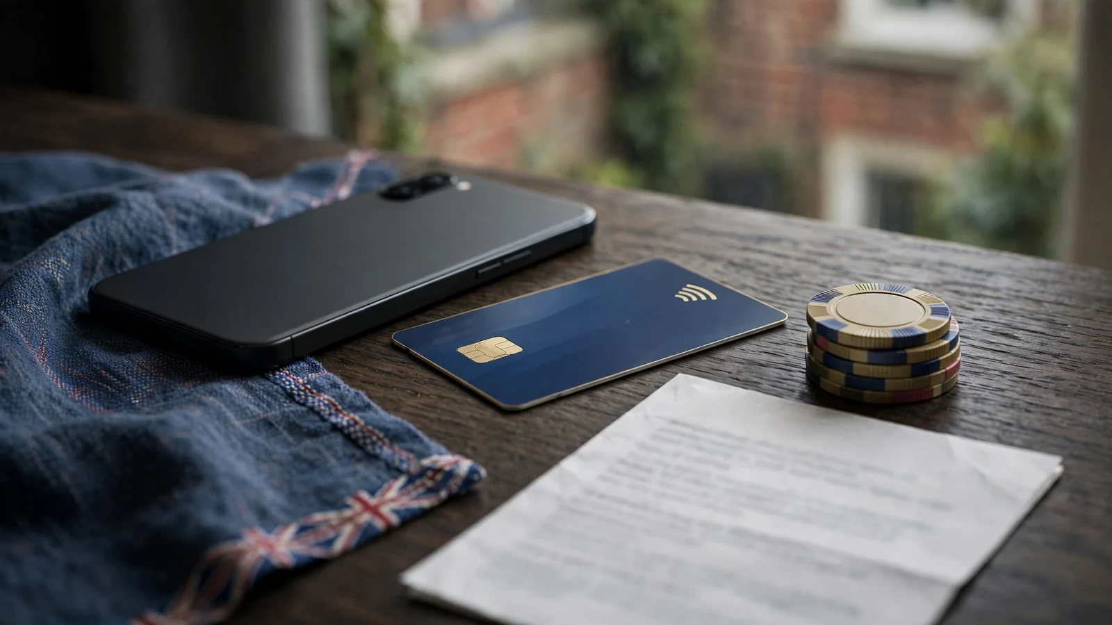 Face-down smartphone, payment card and casino chips beside blurred bonus terms