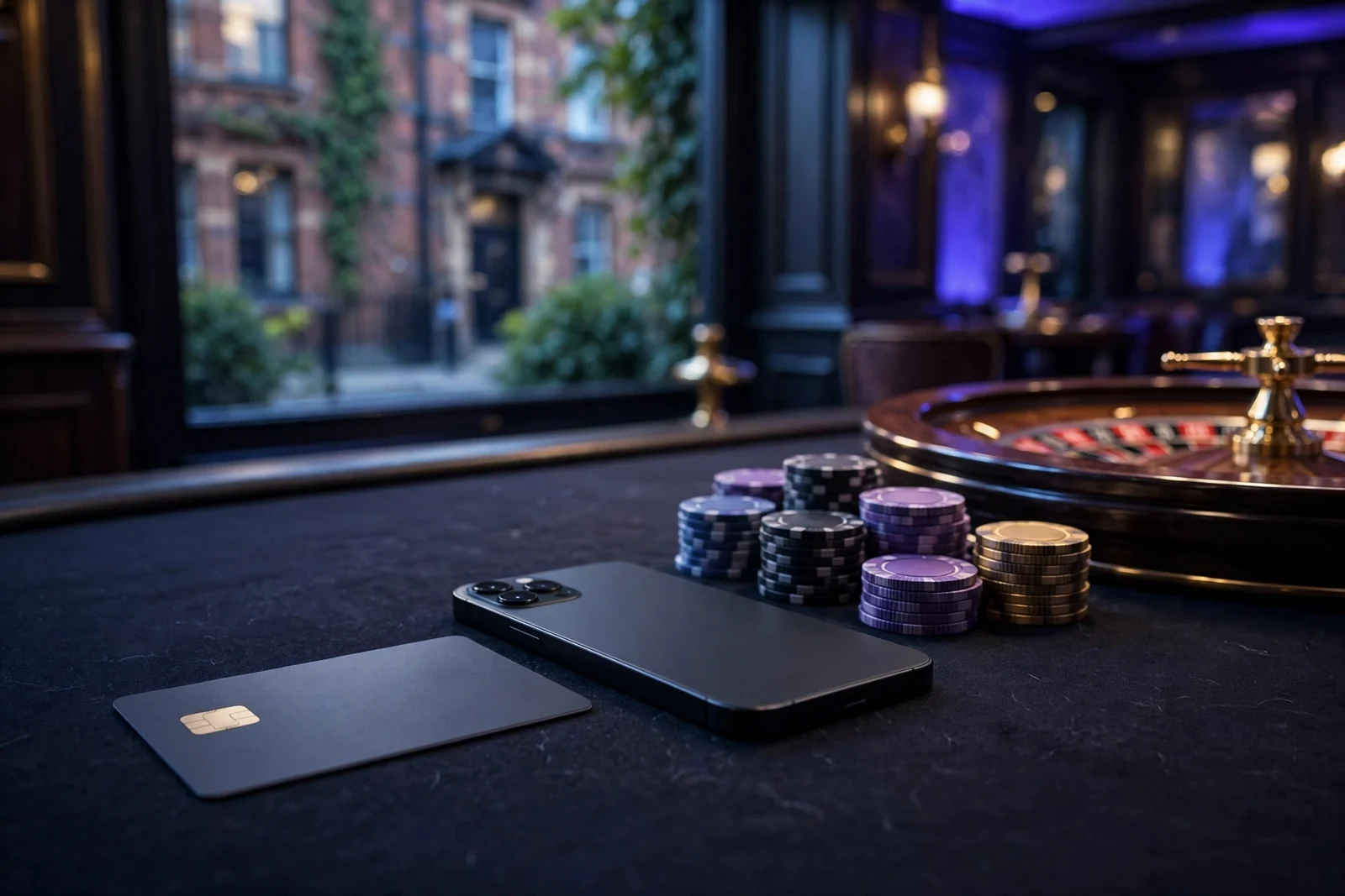 Phone, payment card, casino chips and roulette wheel under blue lighting