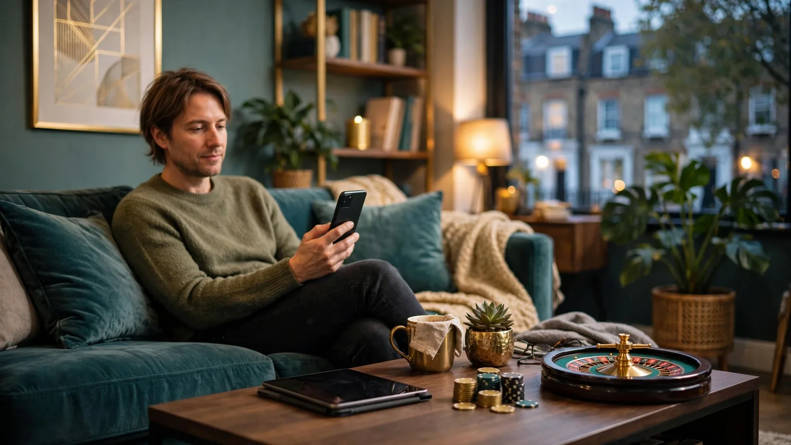 Person using smartphone for mobile casino deposit in modern UK apartment