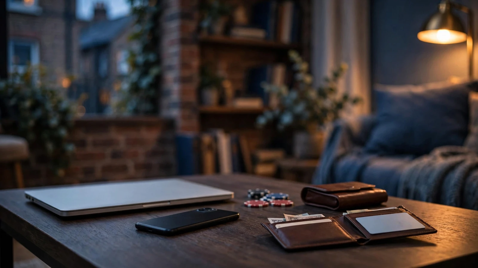 British living room scene with closed laptop, phone and poker chips at dusk