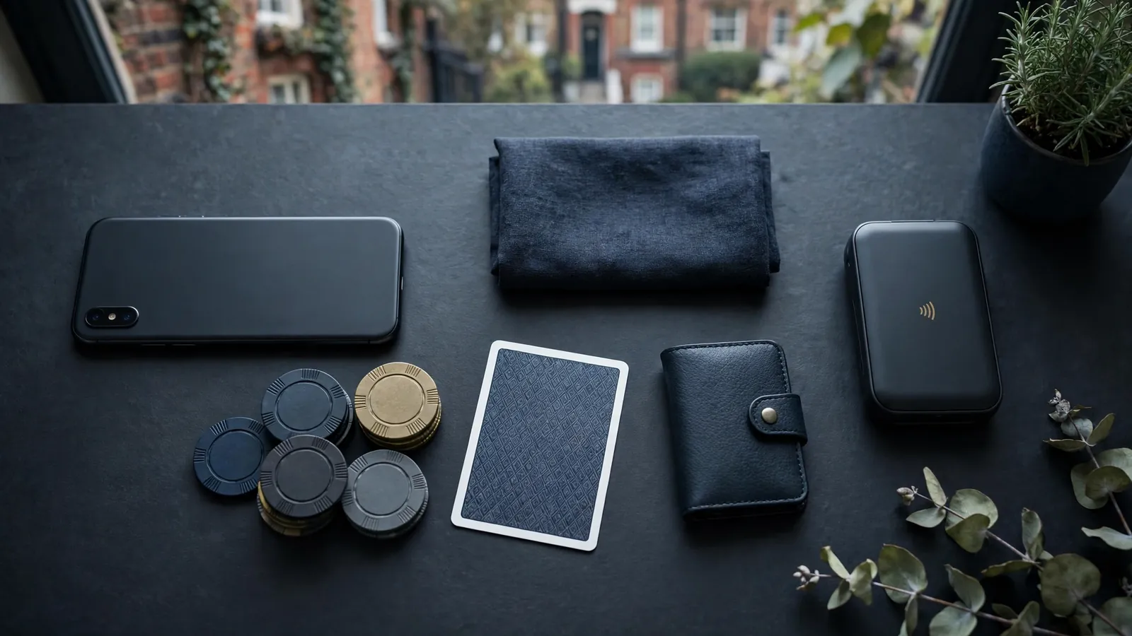 Face-down smartphone with poker chips and cards on a dark UK-themed desk