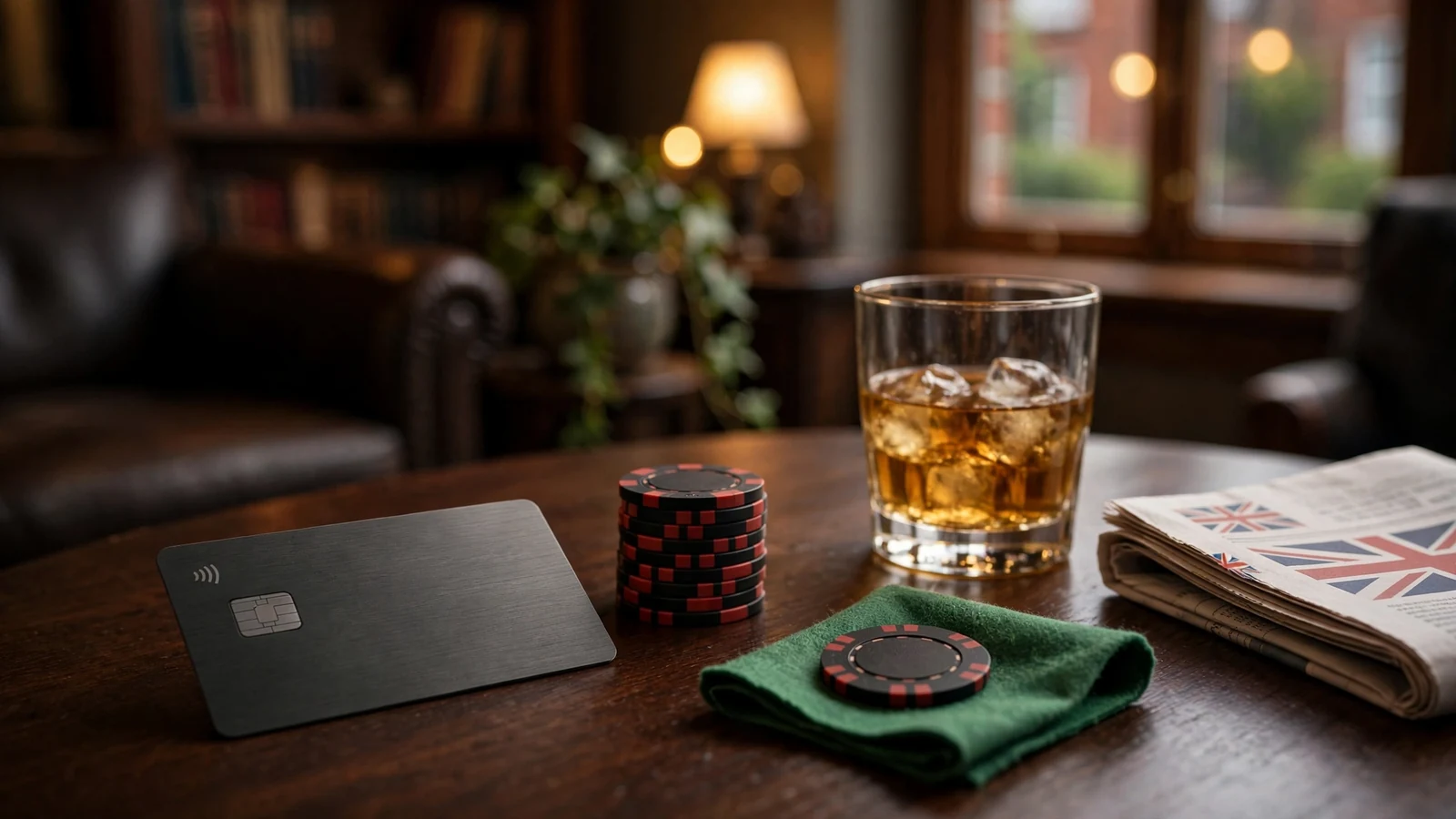 Revolut-style bank card next to casino chips on a British pub table