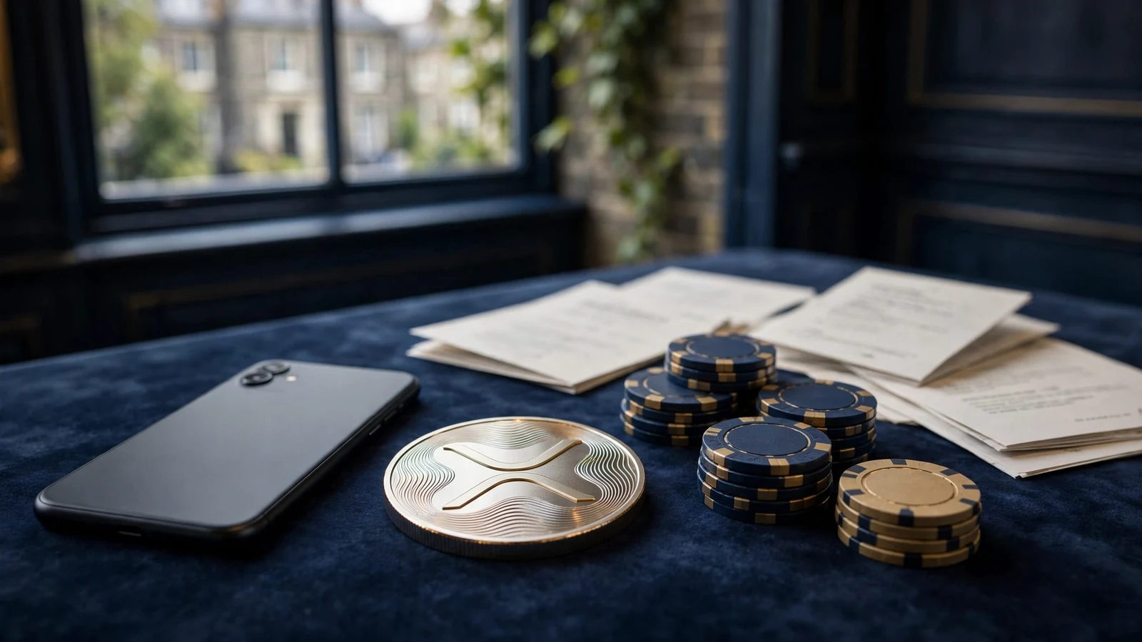 XRP token, smartphone, casino chips, and terms in a premium British setting
