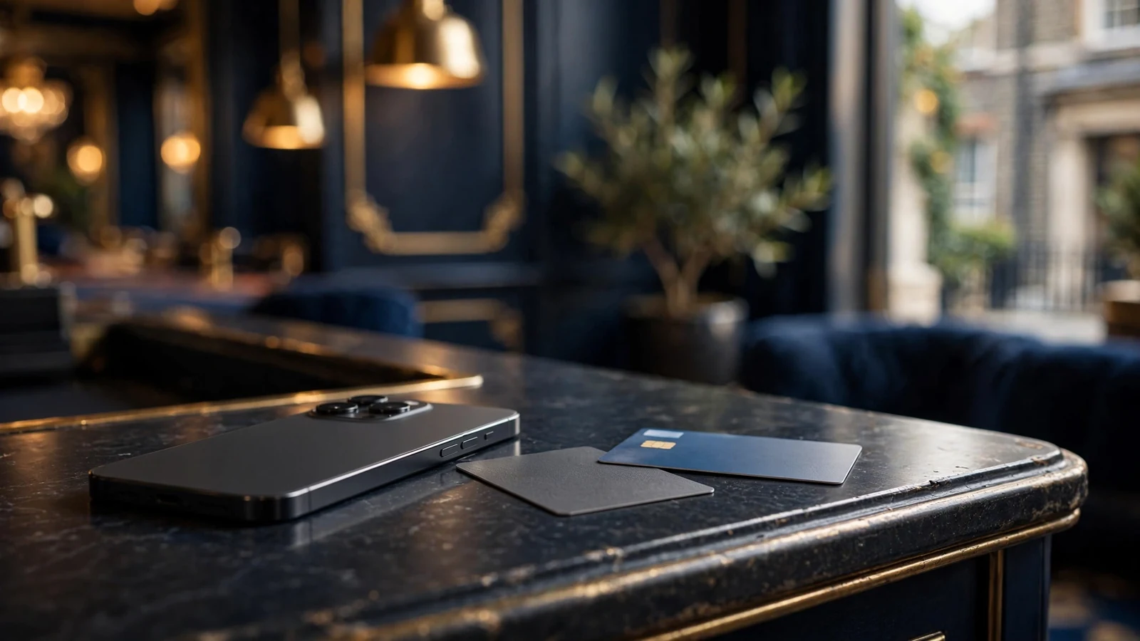 Smartphone and payment cards on a refined UK casino cashier counter
