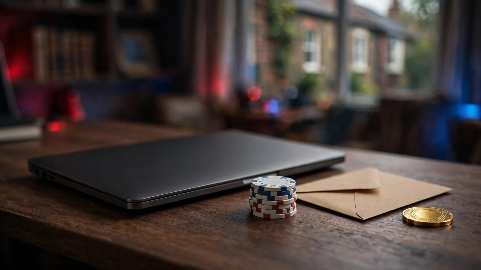 Premium UK casino research scene with closed laptop, chips, payment token, and documents