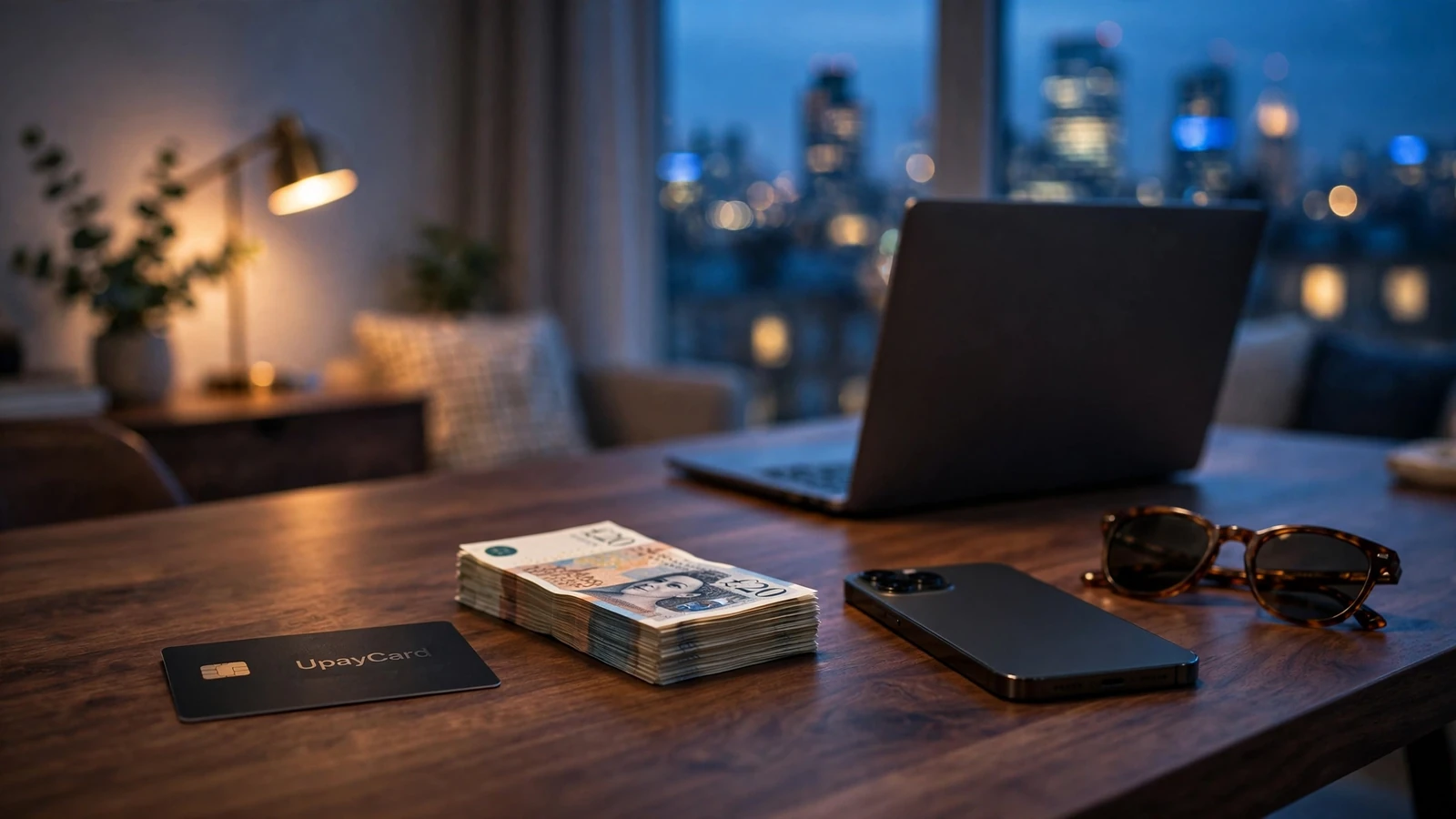 UpayCard payment card with British pounds on a desk beside a smartphone, UK setting