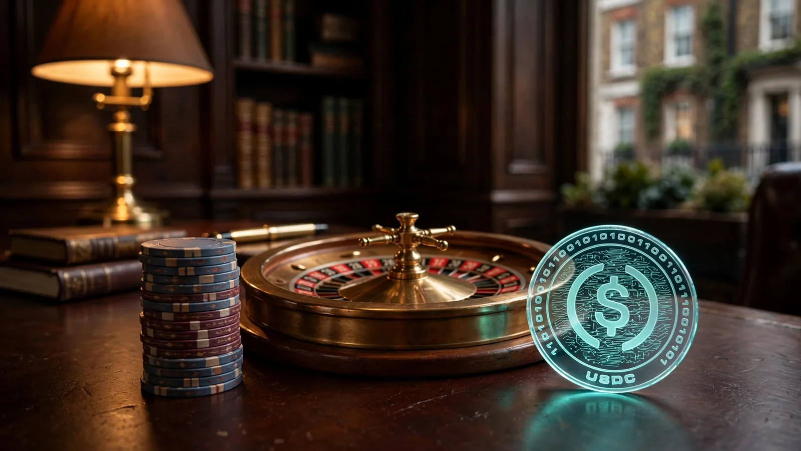 Casino chips, a roulette wheel and a glowing USDC coin on a desk