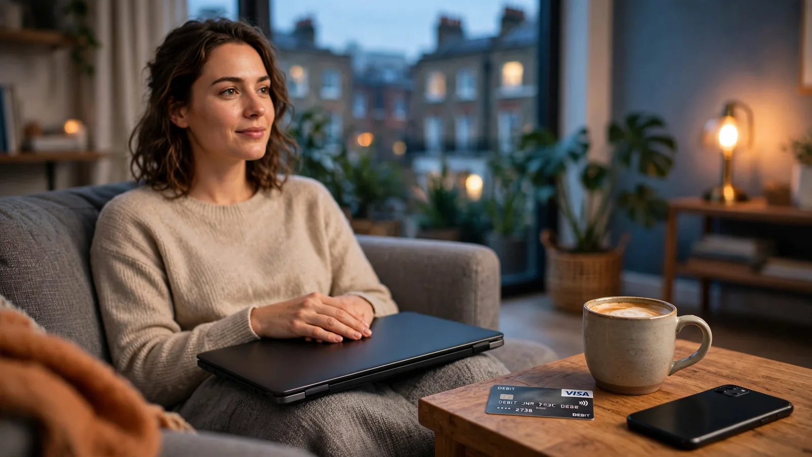 Person with closed laptop and Visa debit card in a London flat