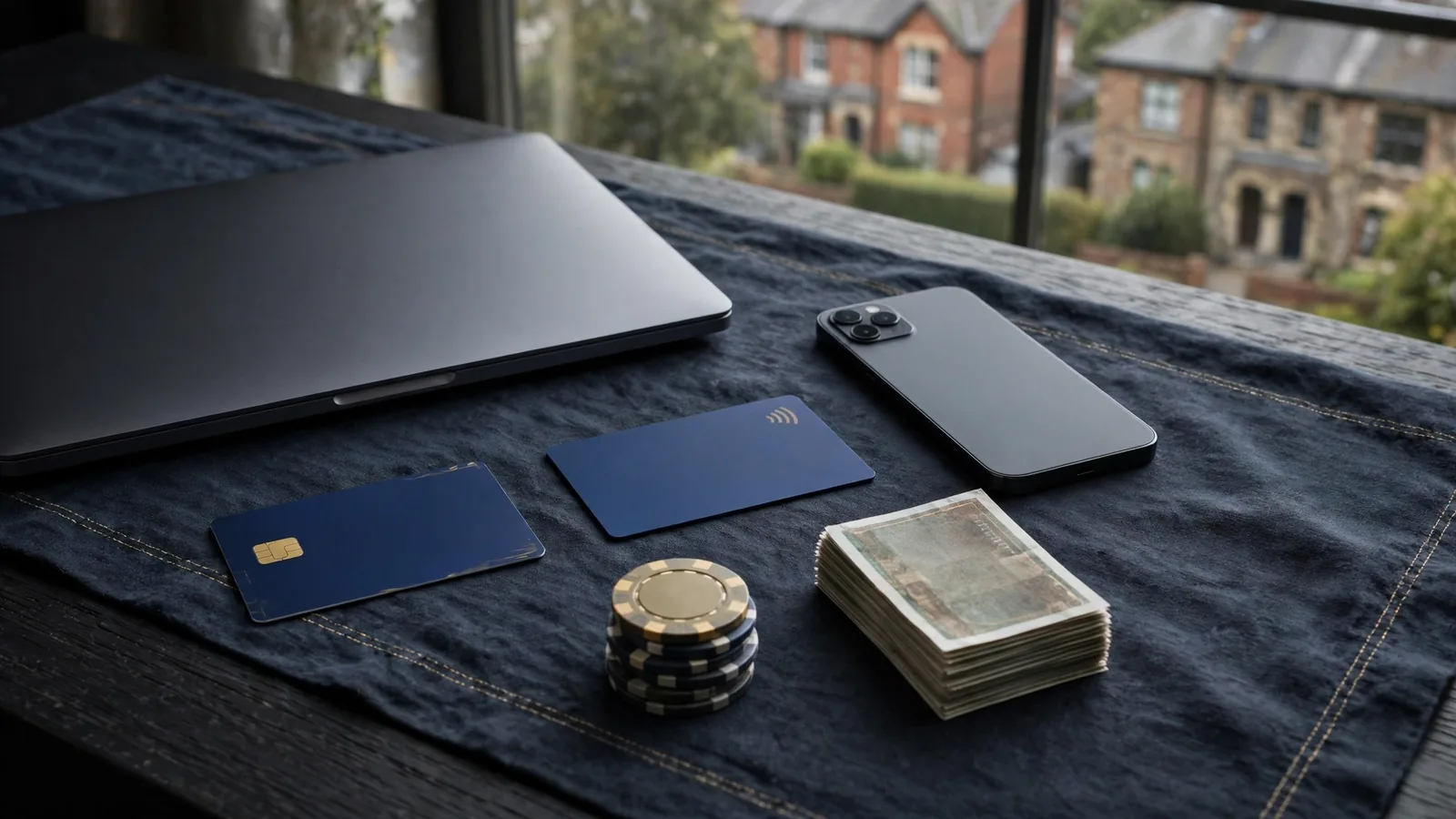 UK payment methods and casino chips arranged on a dark desk