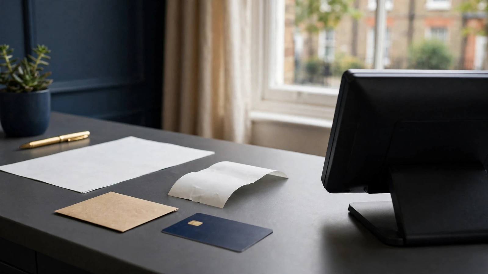 Casino cashier desk with discreet bank transfer documents and payment card