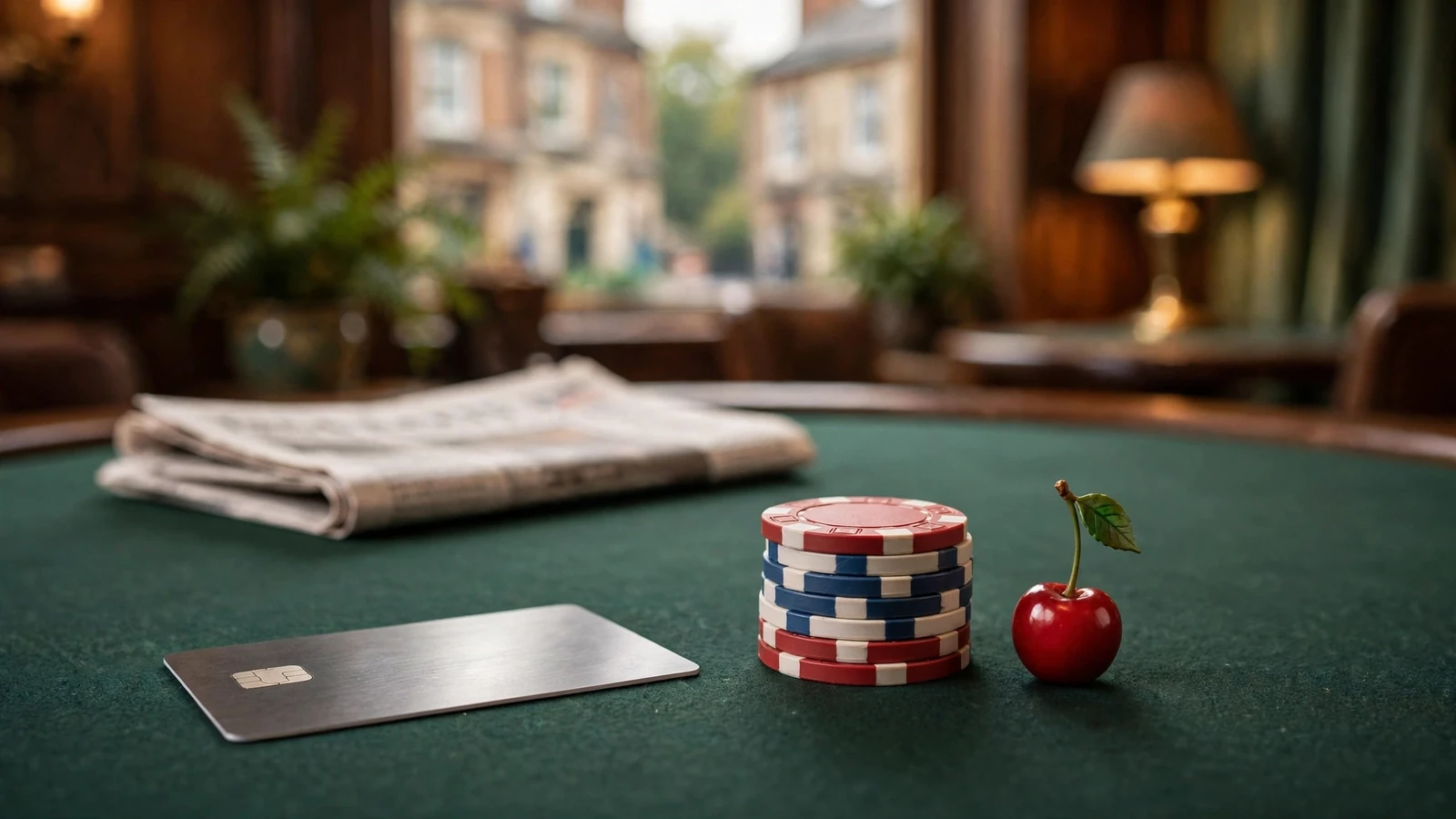 Payment card, poker chips and slot symbol on a casino table