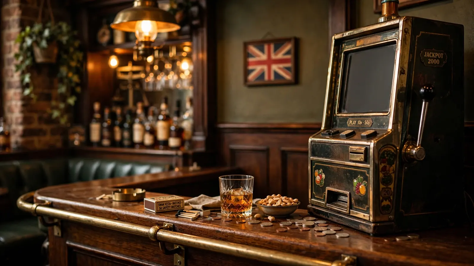 Vintage slot machine in a traditional British pub setting