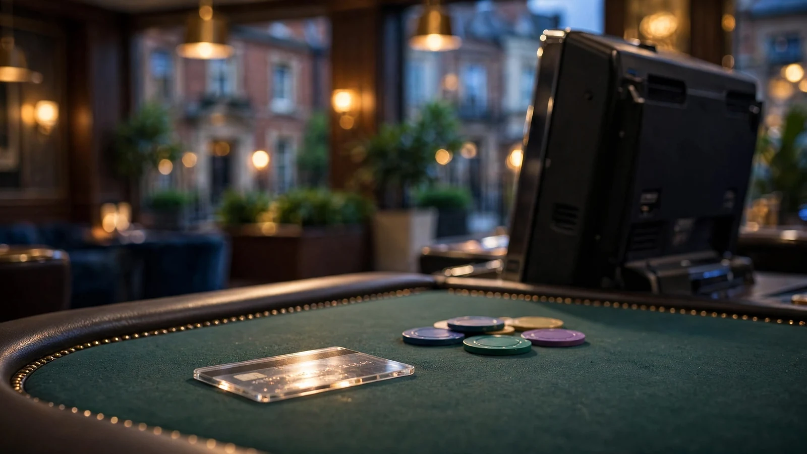 UK casino bonus scene with chips, credit card, and unbranded slot machine