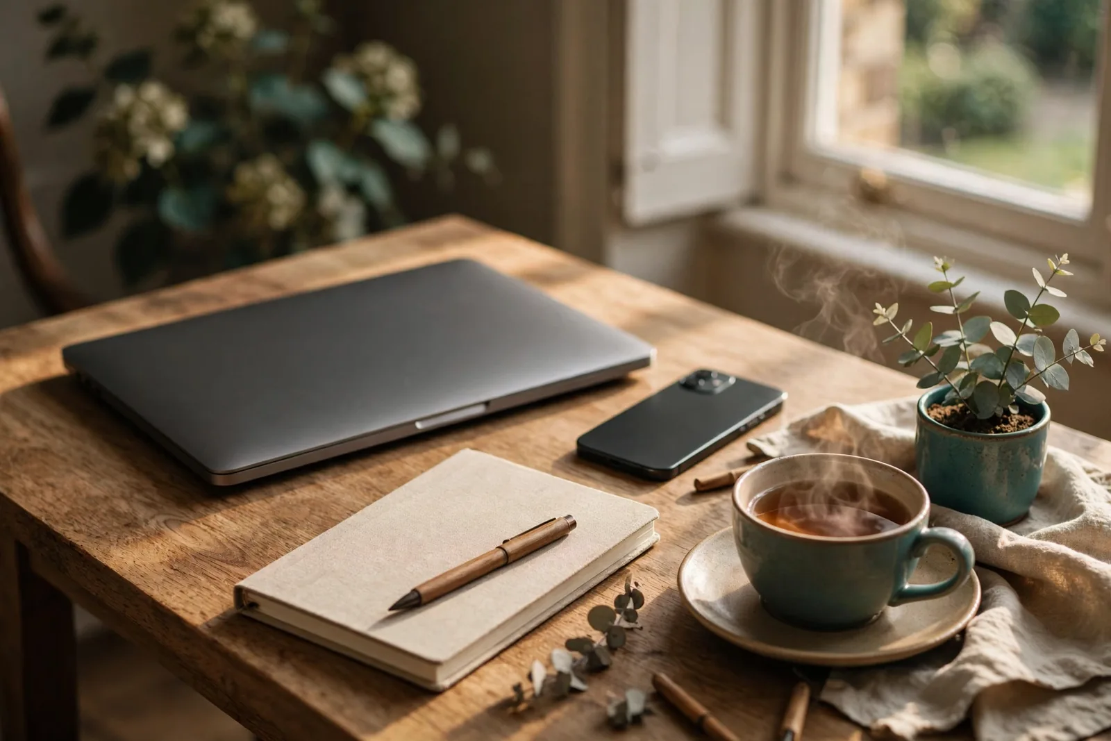 Cozy British home office desk with closed laptop and cup of tea