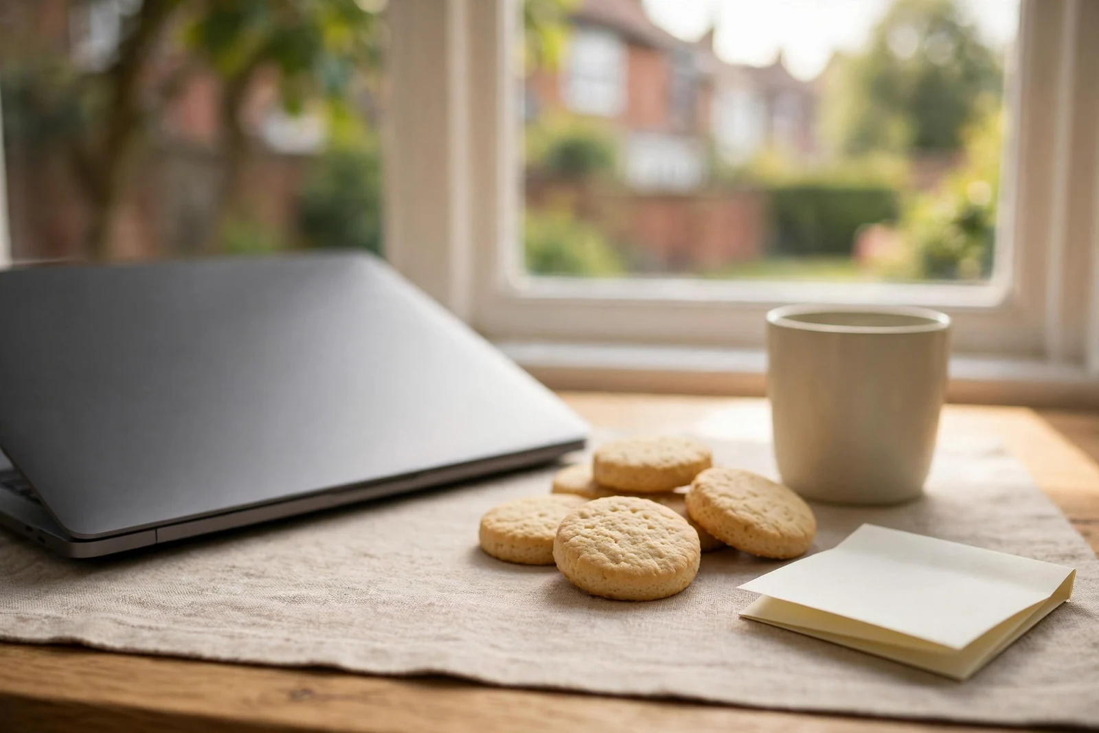 Cookies beside a closed laptop on a warm UK office desk