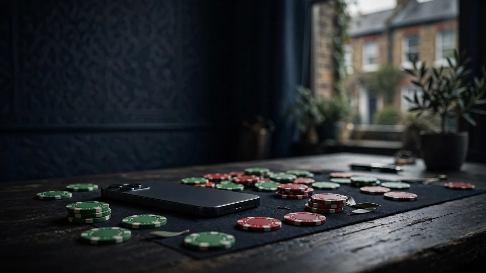 Face-down smartphone with casino chips and subtle Union Jack motif