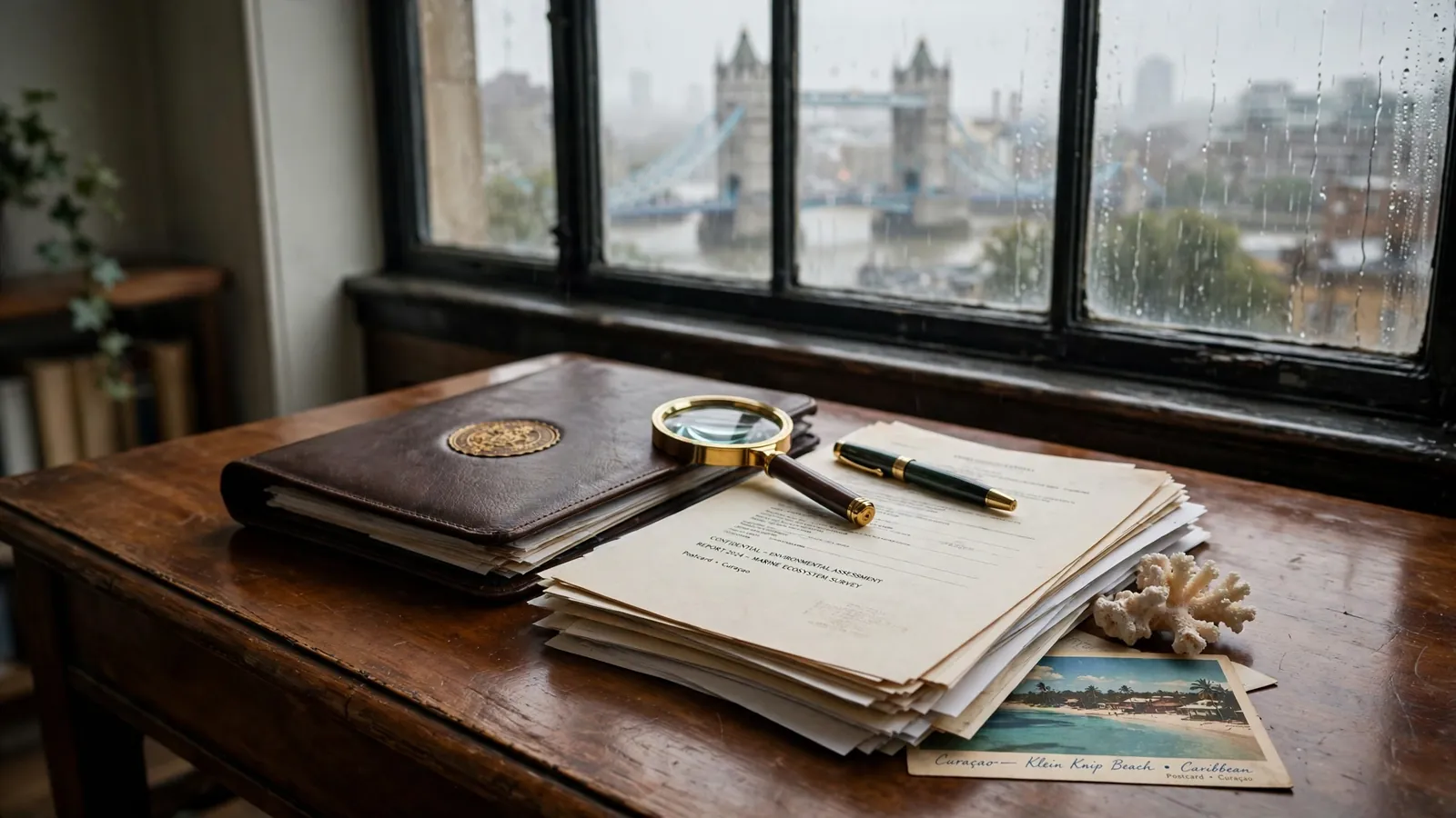 Desk with official documents, magnifying glass, and London bridge view