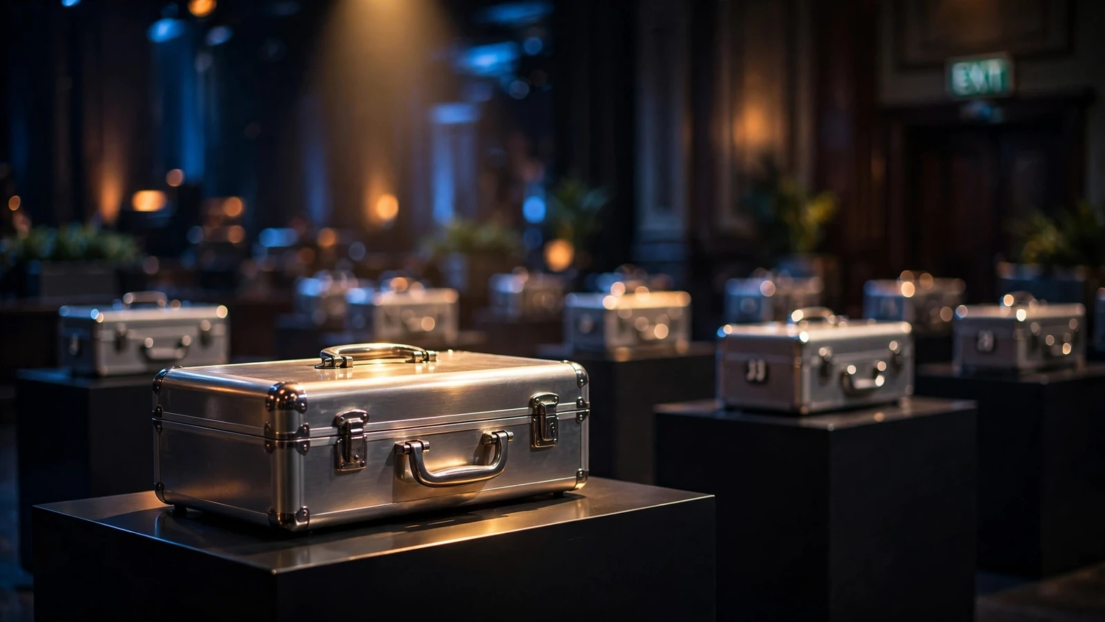 Closed metallic briefcase on a studio podium with numbered briefcases behind, British game show setting.