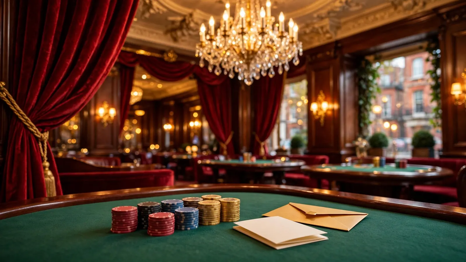 Luxurious British casino interior with velvet curtains, chips, and a VIP invitation on a gaming table