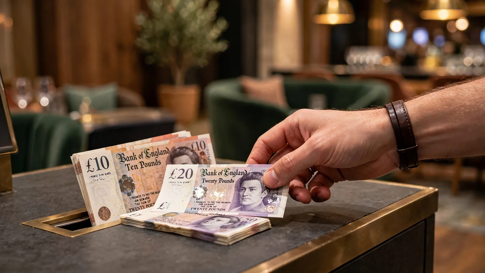 Hand collecting British pound notes at a modern UK casino cashier desk