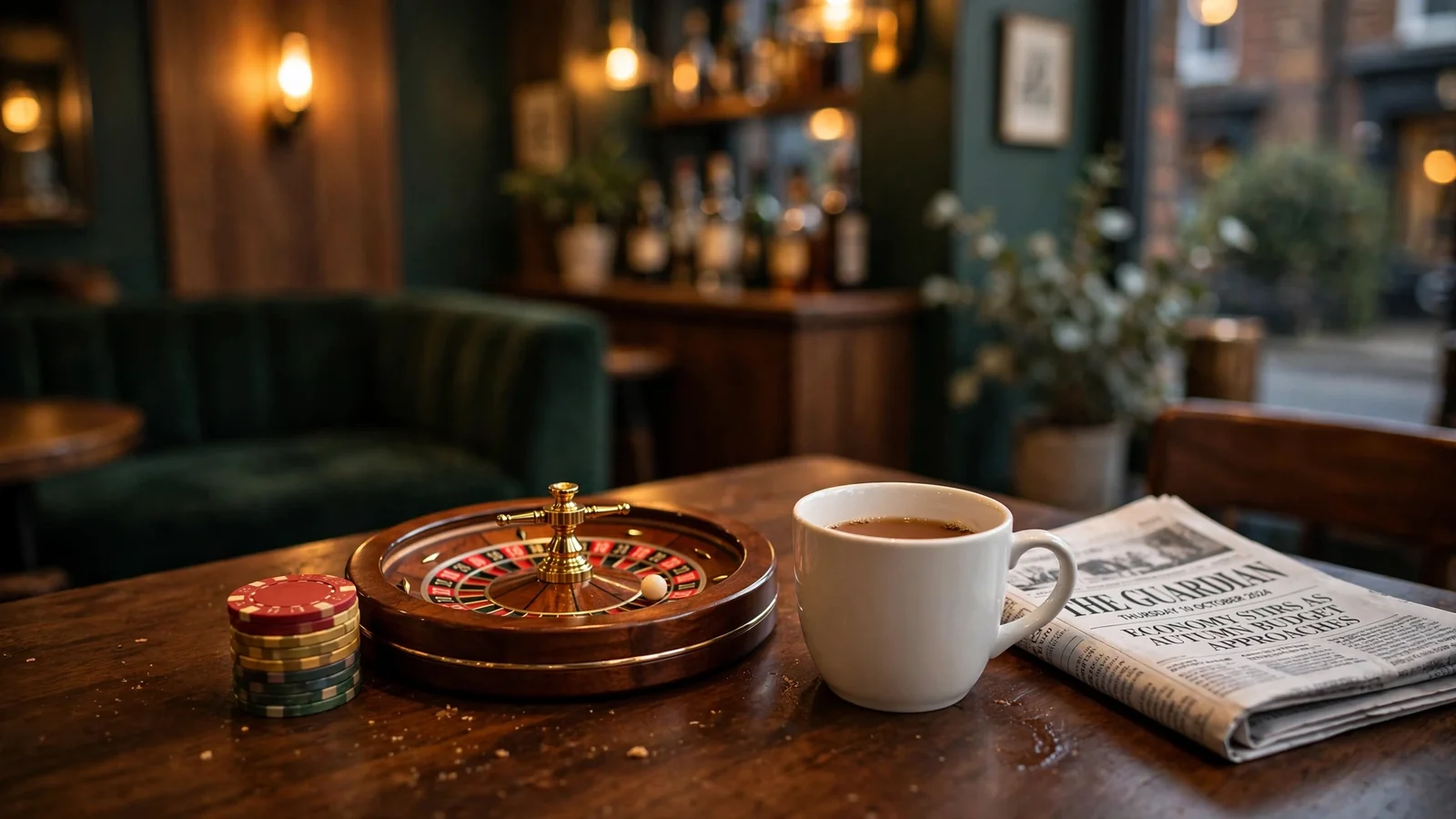 Casino chips and roulette wheel on a pub-style table with tea and a British newspaper.
