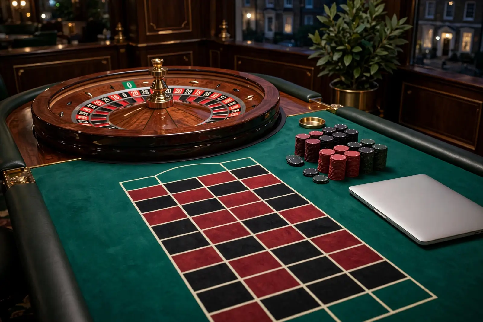 Single-zero roulette wheel with red-black chips beside a closed laptop in a luxurious UK setting.