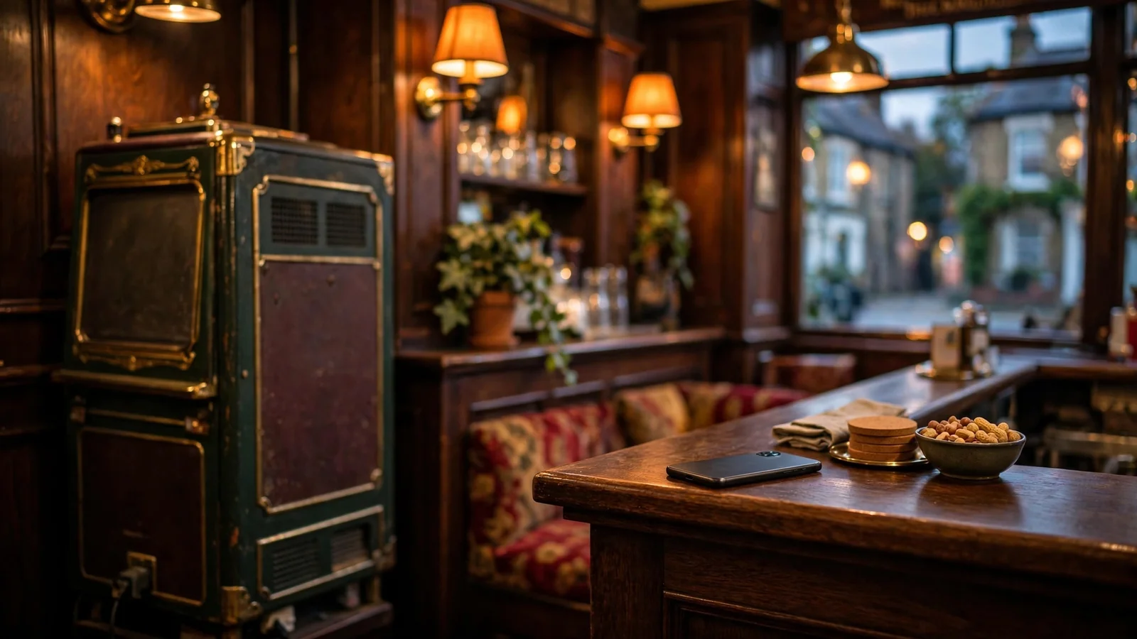 Vintage pub fruit machine beside a face-down smartphone