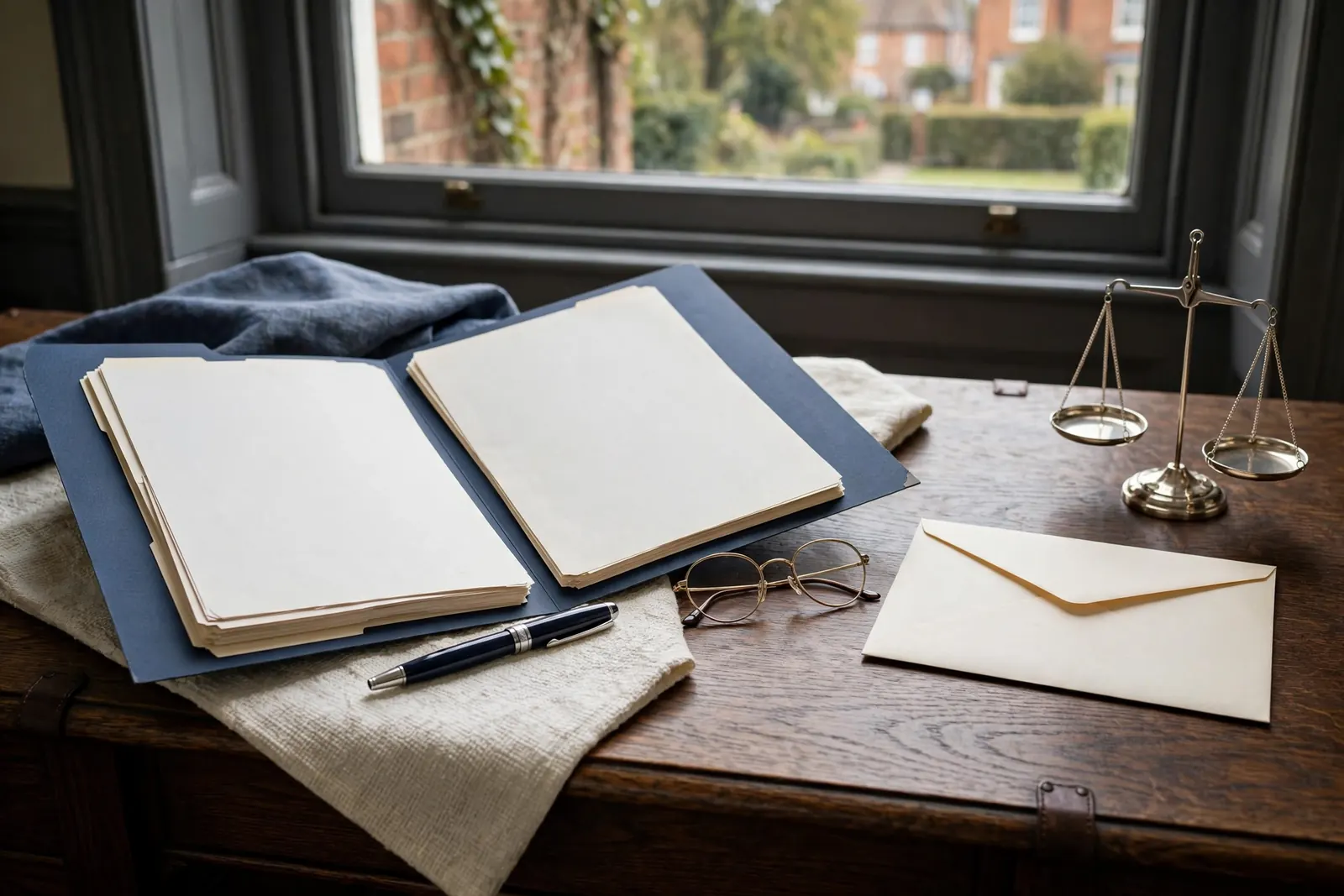 Balanced legal documents and reading glasses on a professional desk