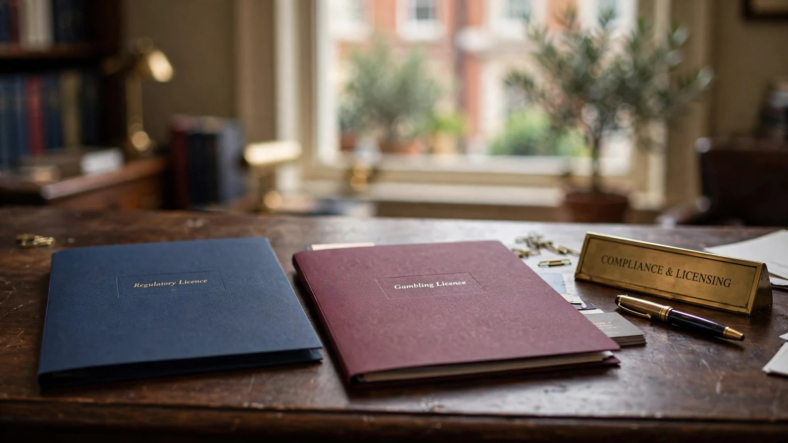 Two regulatory licence folders on a desk representing UK and Gibraltar jurisdictions.