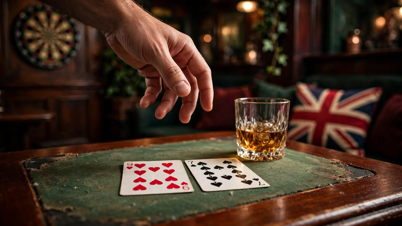 British pub bar counter with two playing cards awaiting a Hi-Lo decision