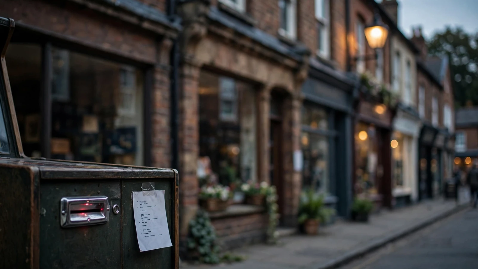British street at dusk with an idle arcade machine featuring a glowing coin slot