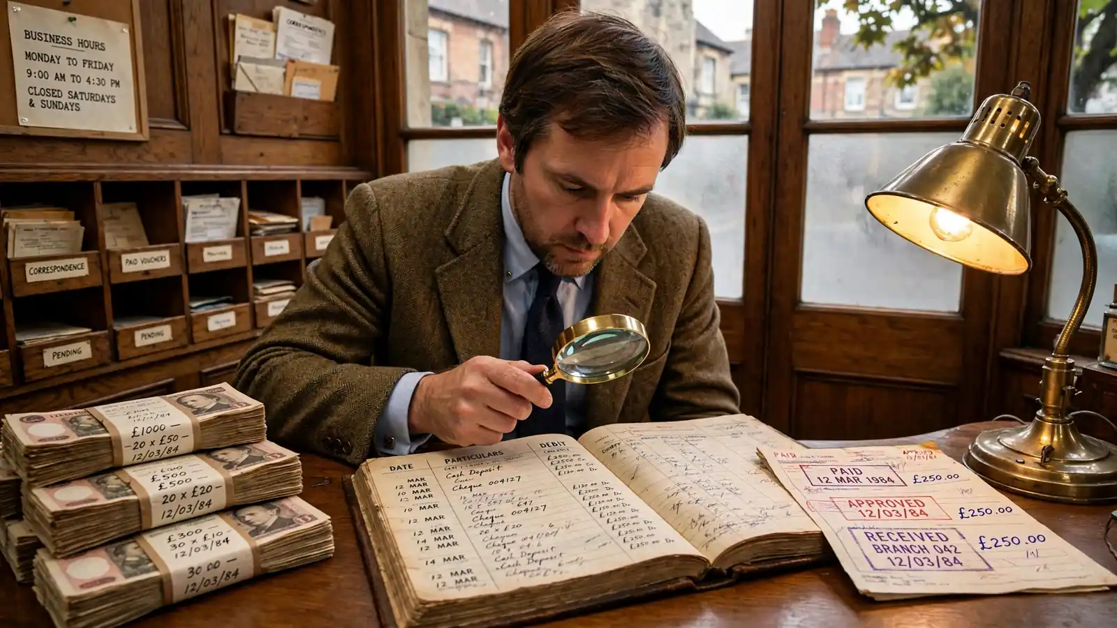 Bank clerk inspecting payment records with a magnifying glass