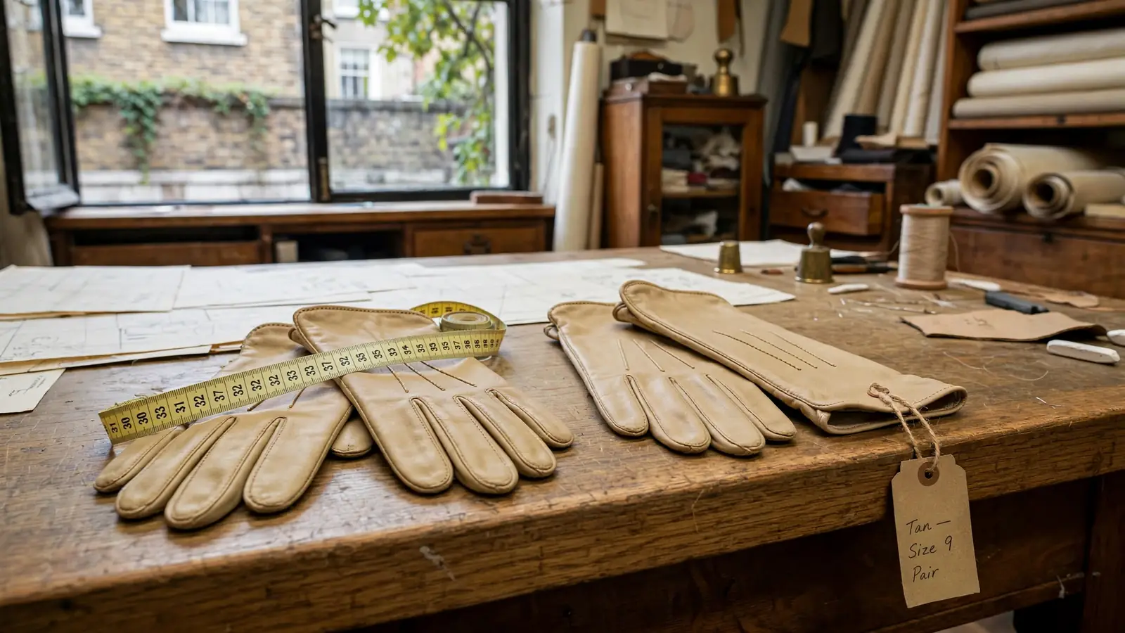 Two pairs of gloves compared on a tailor's table