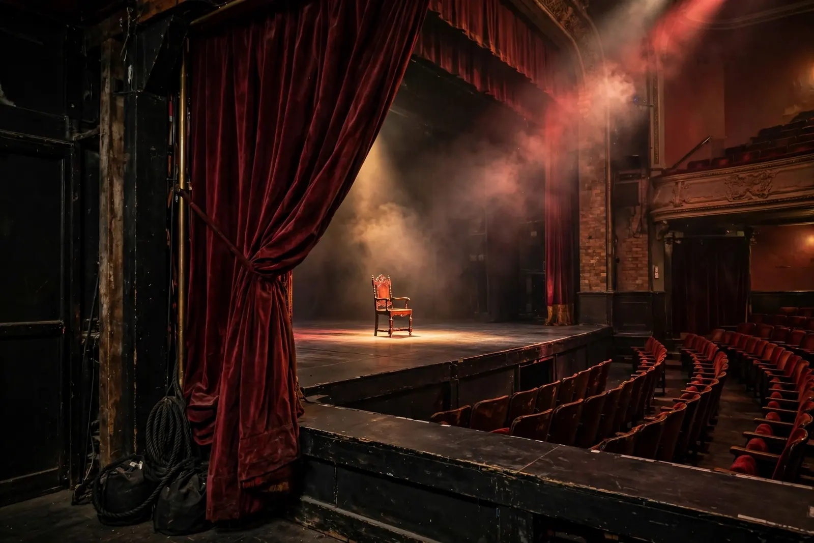 Theatre stage with a curtain half-drawn revealing one prop