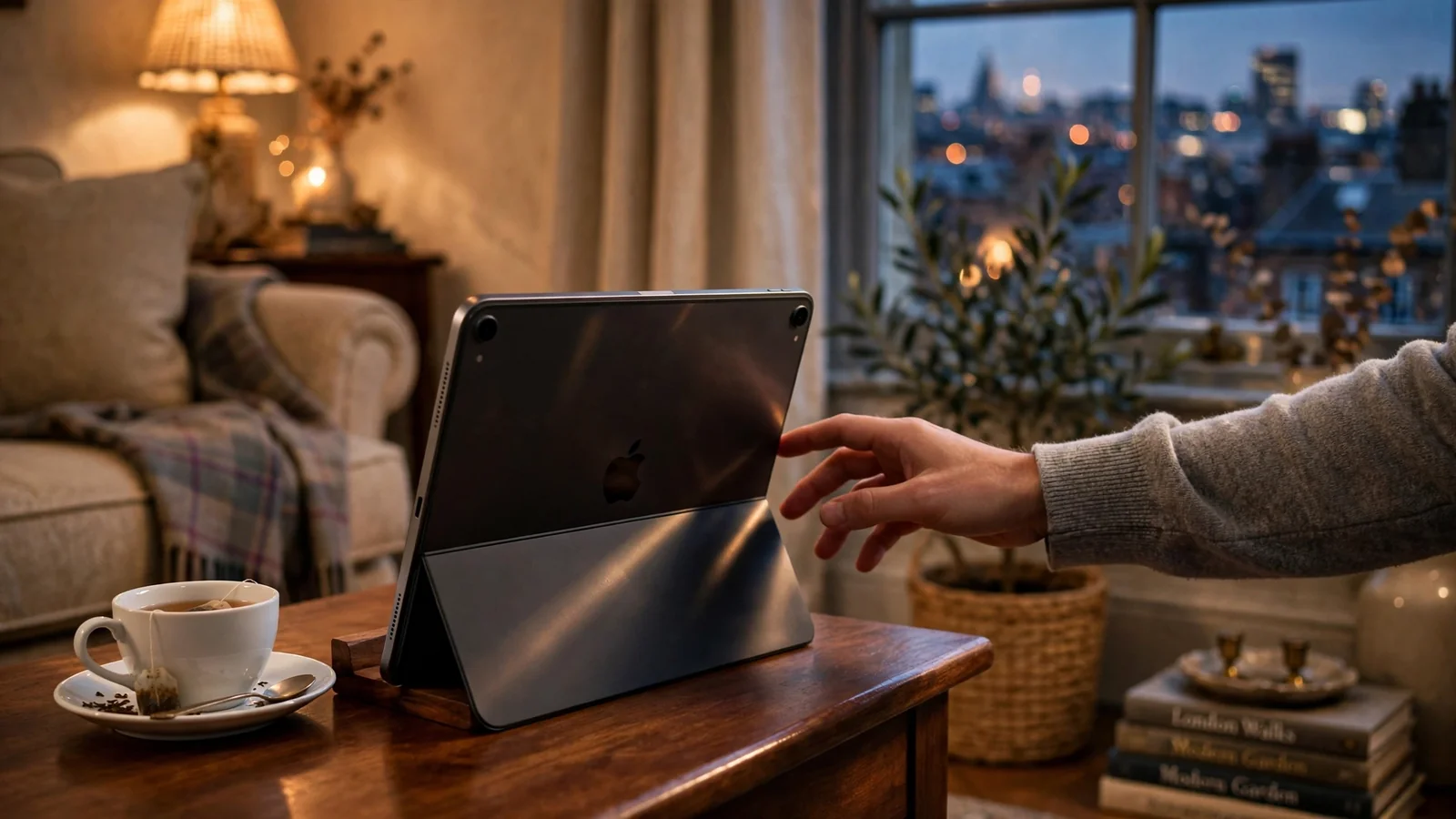 iPad on a table in a British living room with tea