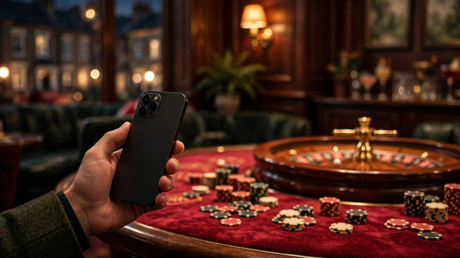 Hand holding a smartphone near a roulette wheel and casino chips in a dim lounge.