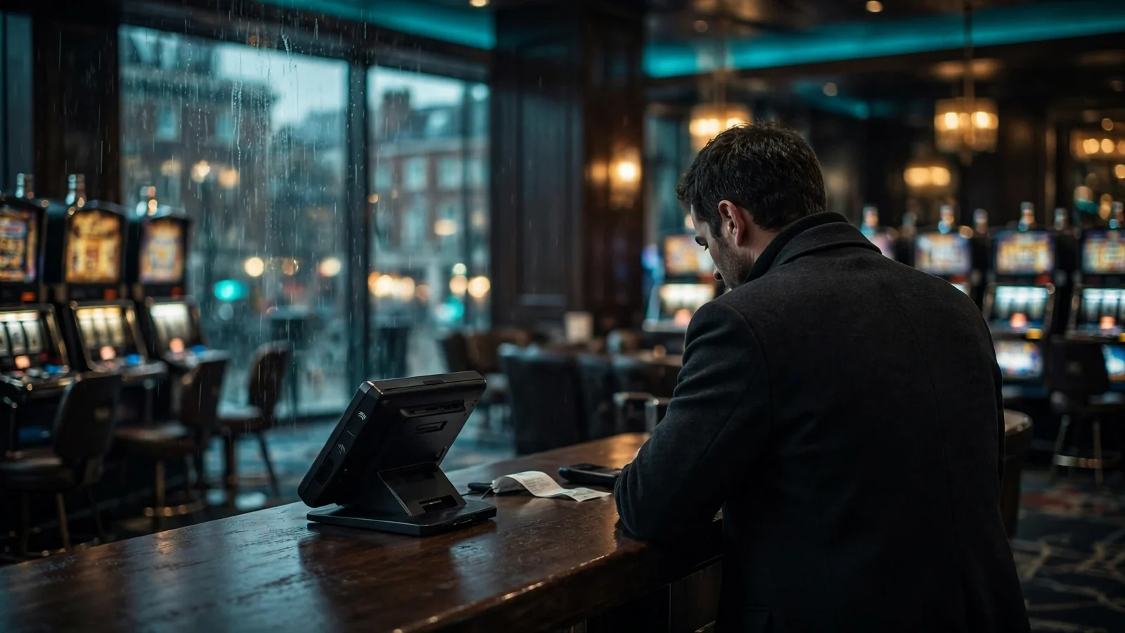 Solitary player at a betting terminal in a modern UK casino lounge at night