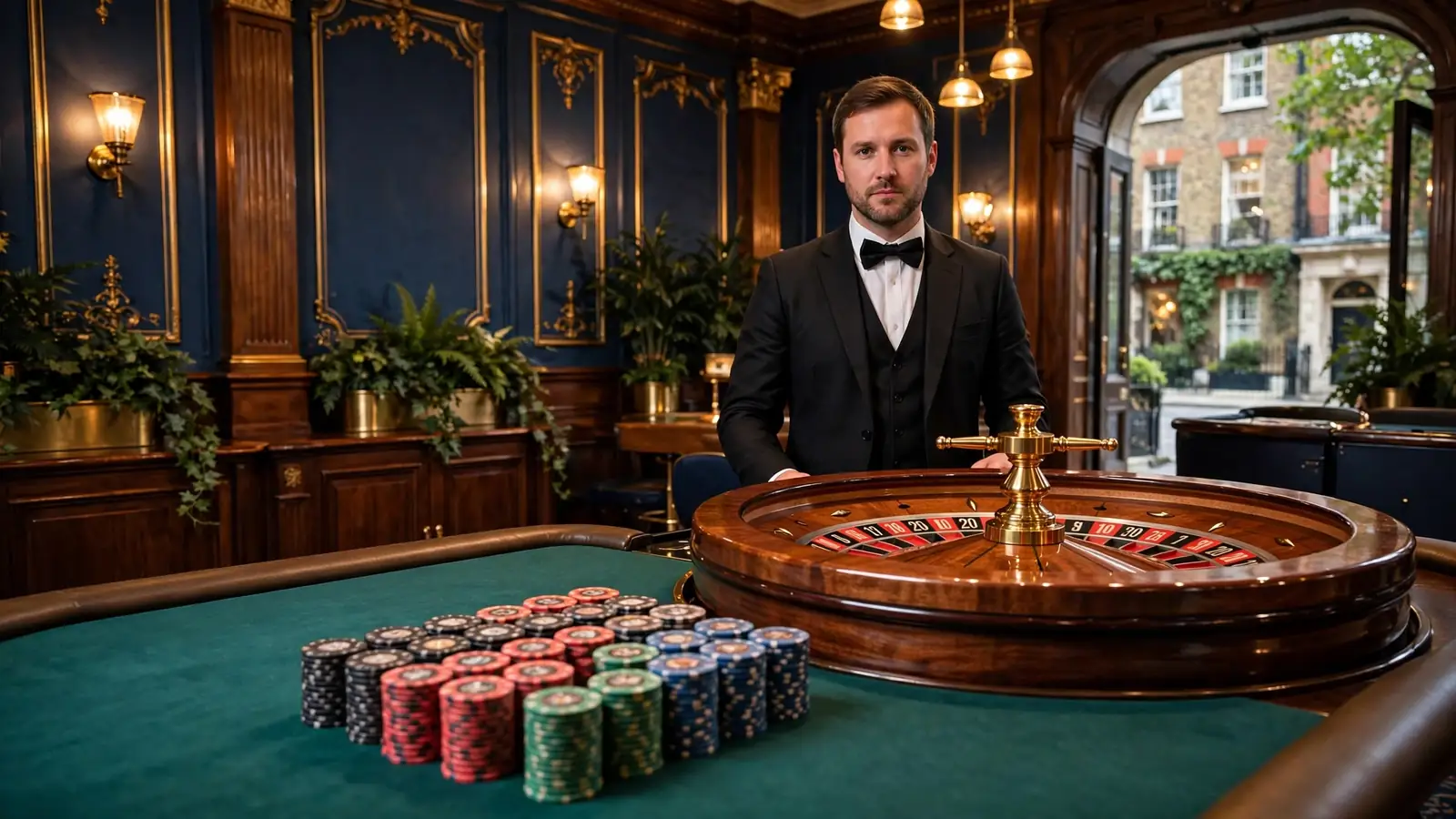 Elegant live casino studio with a roulette wheel and dealer in the UK